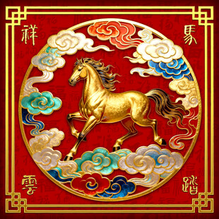 金色骏马祥云中式祥瑞图