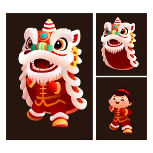 舞狮子卡通矢量插画