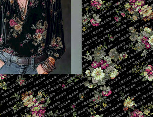 黑色底花卉图案布料纹理