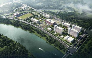 城市河畔建筑群鸟瞰图