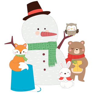 冬季雪人狐狸兔子小熊小动物插画