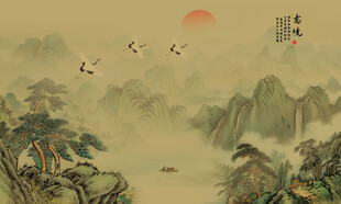 新中式古风国画山水背景墙壁画