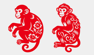 剪纸风红色猴子图案