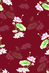 深红底荷花蜻蜓图案