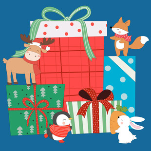 圣诞礼盒驯鹿企鹅狐狸兔子插画