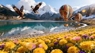 湖畔花海间的热气球与飞鸟