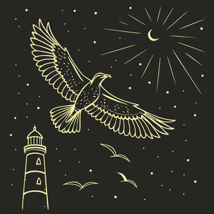 夜空下灯塔旁展翅的飞鸟