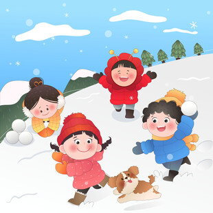 冬季孩子和小狗雪地玩耍嬉戏奔跑