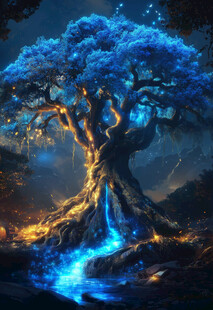 奇幻蓝树与流动蓝光景观