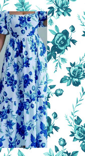 蓝白花卉图案女士连衣裙
