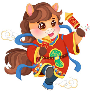 春节小马驹开心放鞭炮求好运插画