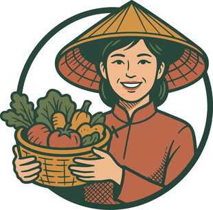 戴斗笠捧菜篮的亚洲女子