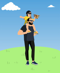 父亲肩扛孩子玩耍木飞机