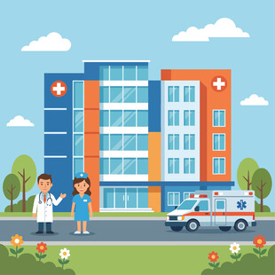 医院场景与医护人员和车辆