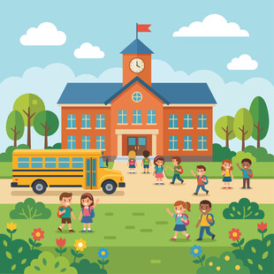 校园上学日的欢乐场景