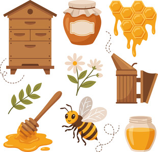蜜蜂与蜂蜜相关元素插画