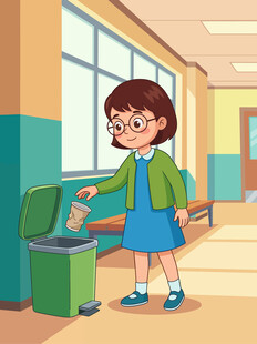 女孩将废纸杯投进垃圾桶