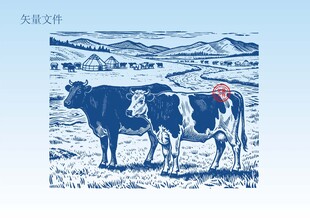 手绘奶牛牧场插画版画