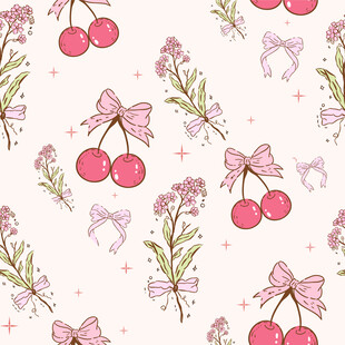 粉色樱桃蝴蝶结花卉图案