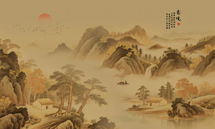 新中式古风国画山水背景墙壁画