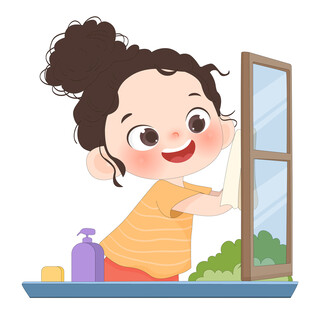 孩子做家务擦窗户打扫卫生插画