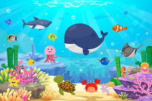 可爱鲸鱼卡通海底动物珊瑚背景墙