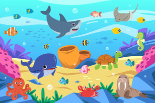 卡通海底世界鲸鱼海洋动物背景墙