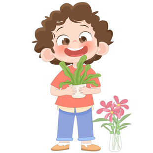 孩子抱绿植花盆花朵儿童卡通插画