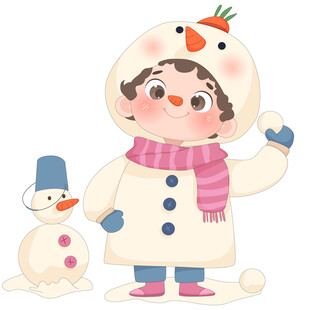 孩子穿冬装堆雪人打雪仗插画