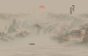 屏风中式古风古典山水画背景