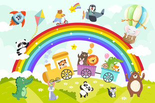 可爱动物卡通彩虹小火车儿童背景