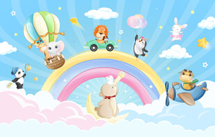 可爱动物卡通彩虹云朵儿童背景墙