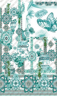 蓝绿色调花卉蝴蝶图案