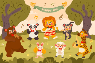 卡通森林可爱小动物音乐会背景墙