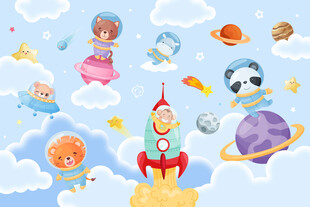 太空火箭可爱动物宇航员儿童背景