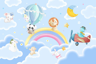 卡通彩虹云朵可爱动物儿童背景墙