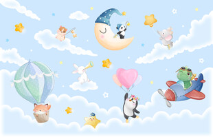 可爱卡通动物月亮云朵儿童背景墙
