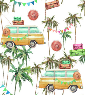 复古旅行车与热带风情画面