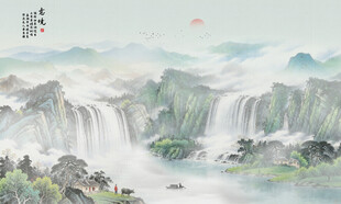 新中式水墨山水流水生财背景墙