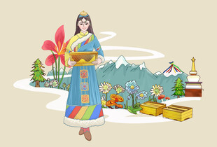 藏族服饰民族原创手绘插画