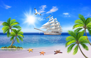 蓝天大海沙滩椰树背景墙