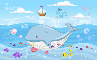 鲸鱼小船海底世界儿童房背景墙