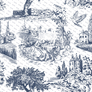 蓝白复古风手绘风景图案