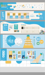 蓝色校园创意图书馆文化墙设计