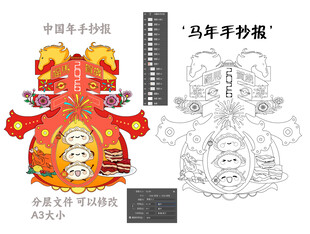 马年新春手绘图手抄报