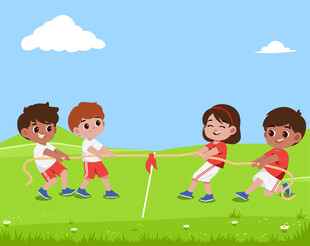 儿童在草地欢快拔河比赛
