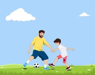 父亲与孩子在草地踢足球