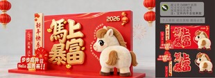 马形摆件与喜庆福字装美陈