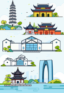 苏州地标合集卡通矢量手绘插画