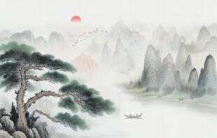 新中式迎客松背景墙